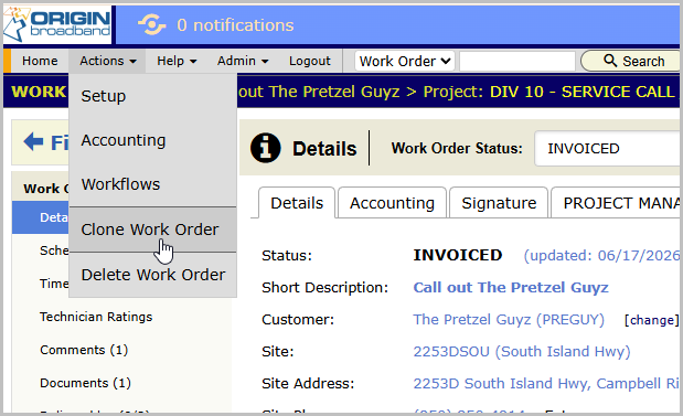 Clone Work Order option in the Actions menu