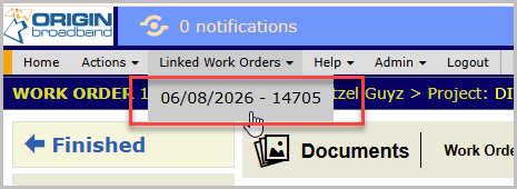 The Linked Work Orders menu showing a link back to the original work order