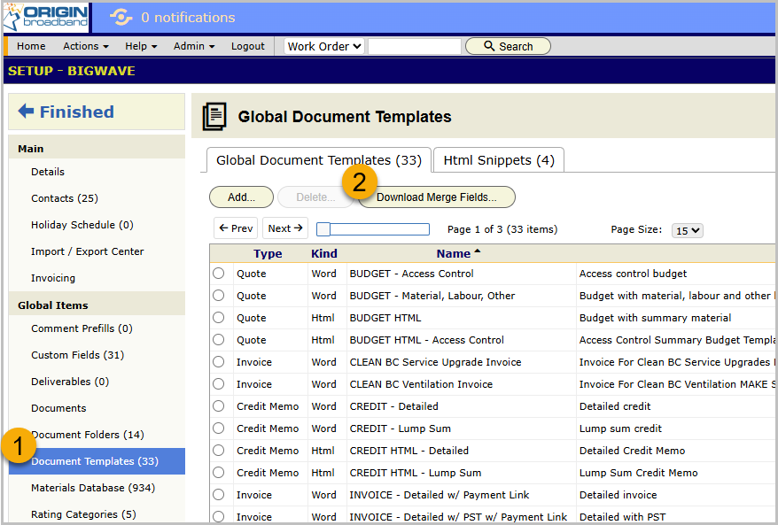Document Templates section with the Download Merge Fields button