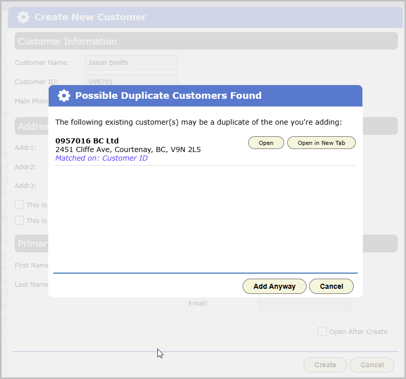 Possible Duplicate Customers Found dialog showing an existing customer matched on Customer ID