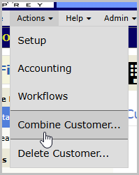 Actions menu open on a customer record with Combine Customer listed in the menu