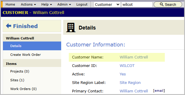 Restored customer record open after a reversal, showing its work orders and sites back on the customer