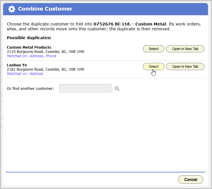Combine Customer dialog listing suggested duplicate candidates, each with the match reason and a Select button, and a Find Customer search below