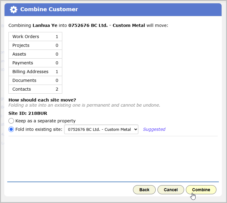 Combine summary screen showing counts of work orders, projects, assets, payments, documents and contacts to be moved, a list of duplicate contacts that will be dropped, and site pairing options for each site on the duplicate customer