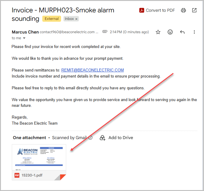 Example email showing a PDF invoice attached as a file