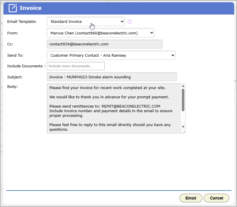 Email Invoice dialog showing the subject and body filled in from a saved Email Template