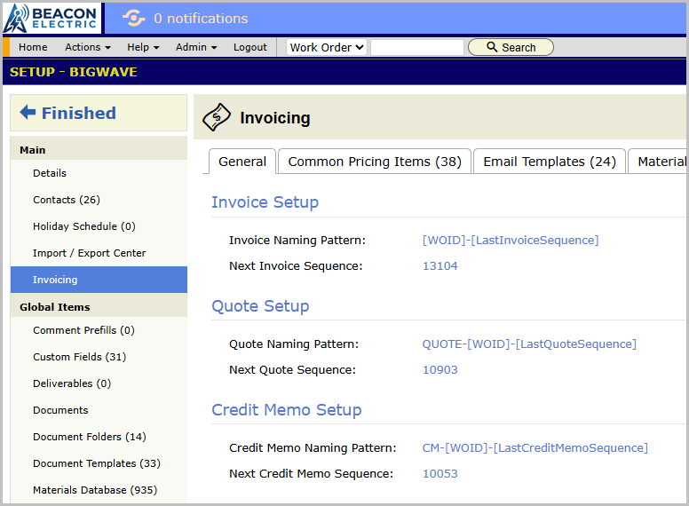 The Invoicing setup screen showing Invoice Setup, Quote Setup and Credit Memo Setup panels with their naming patterns and next sequence values
