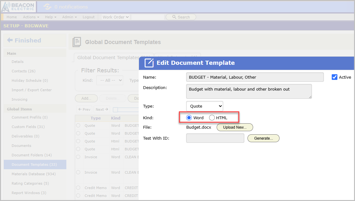 Document Template dialog with the Kind field set to Word or HTML