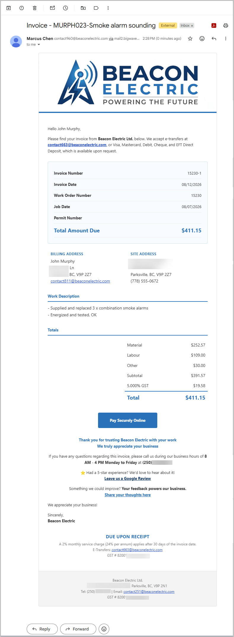 Example email showing an invoice email produced from an HTML document template. Notice there is no attachment.