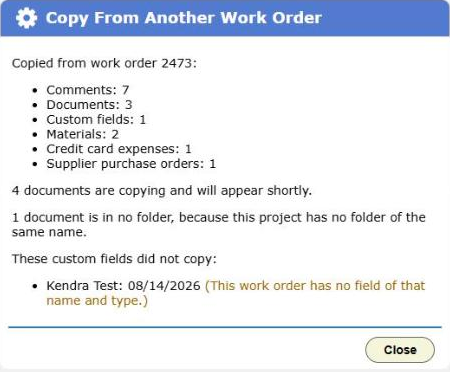 The result after a copy, with a count for each piece and the custom field that did not copy
