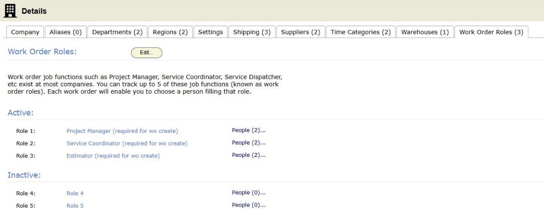 The Work Order Roles tab under Setup > Details, with three active roles and two inactive roles