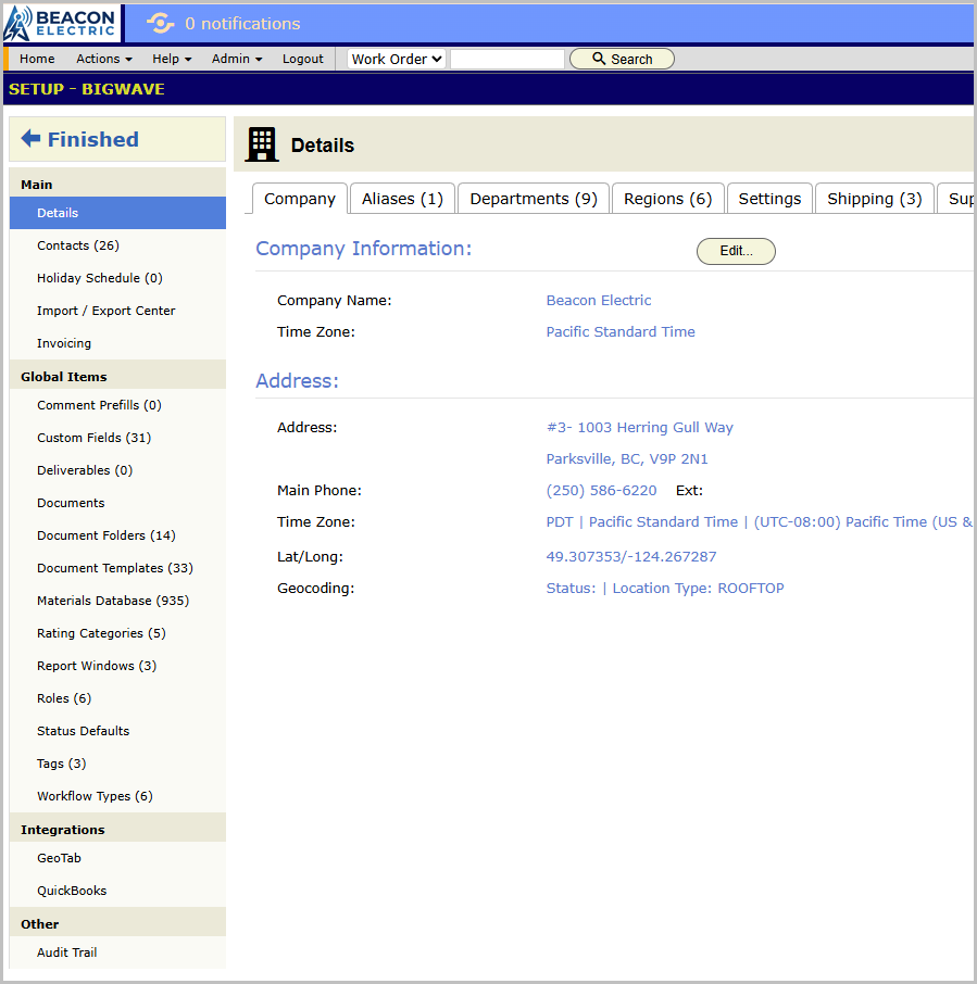 The Setup screen, Details panel open