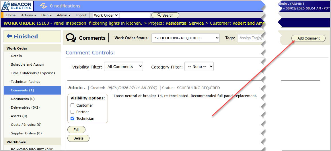 The Comments panel on the Okafor work order with the new comment saved