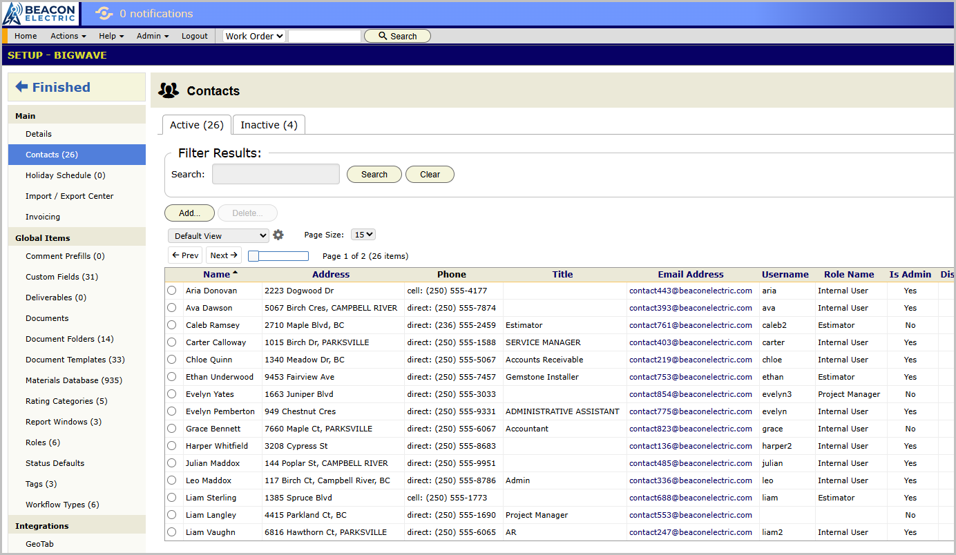 The Company Contacts panel
