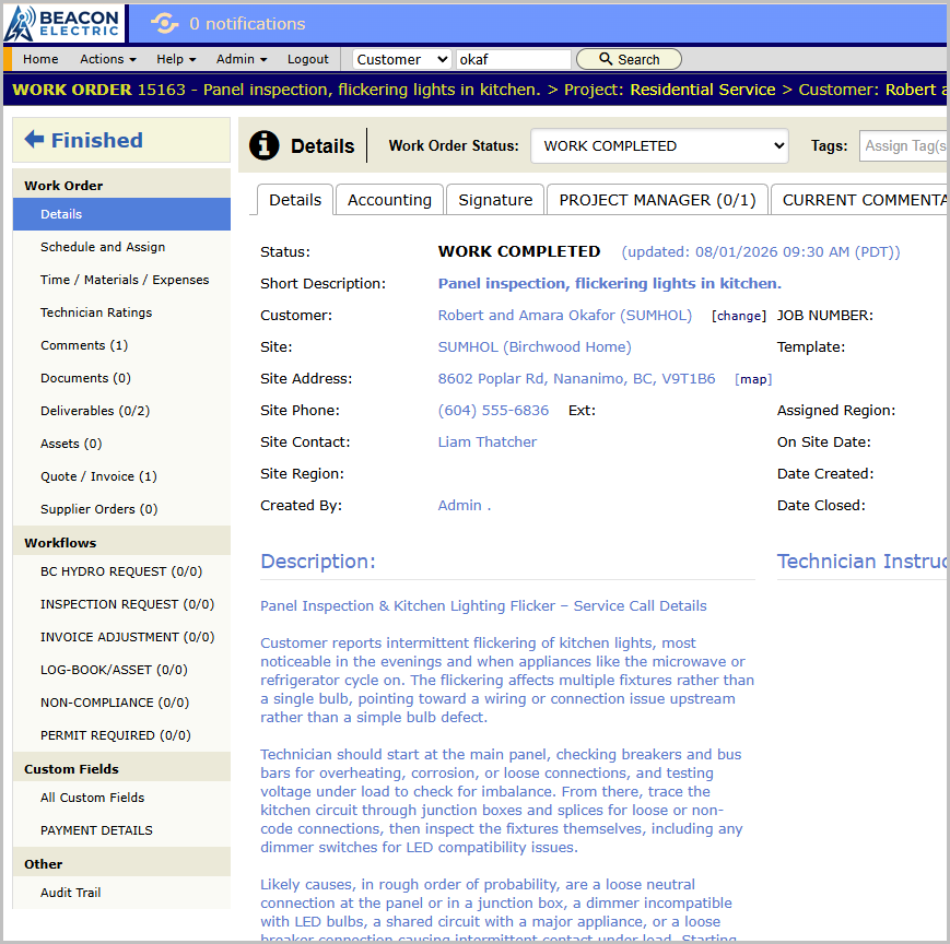 The Okafor work order, Details panel open, full left panel list visible: Details, Schedule and Assign, Time / Materials / Expenses, Comments, Documents, Deliverables, Quote / Invoice, Audit Trail