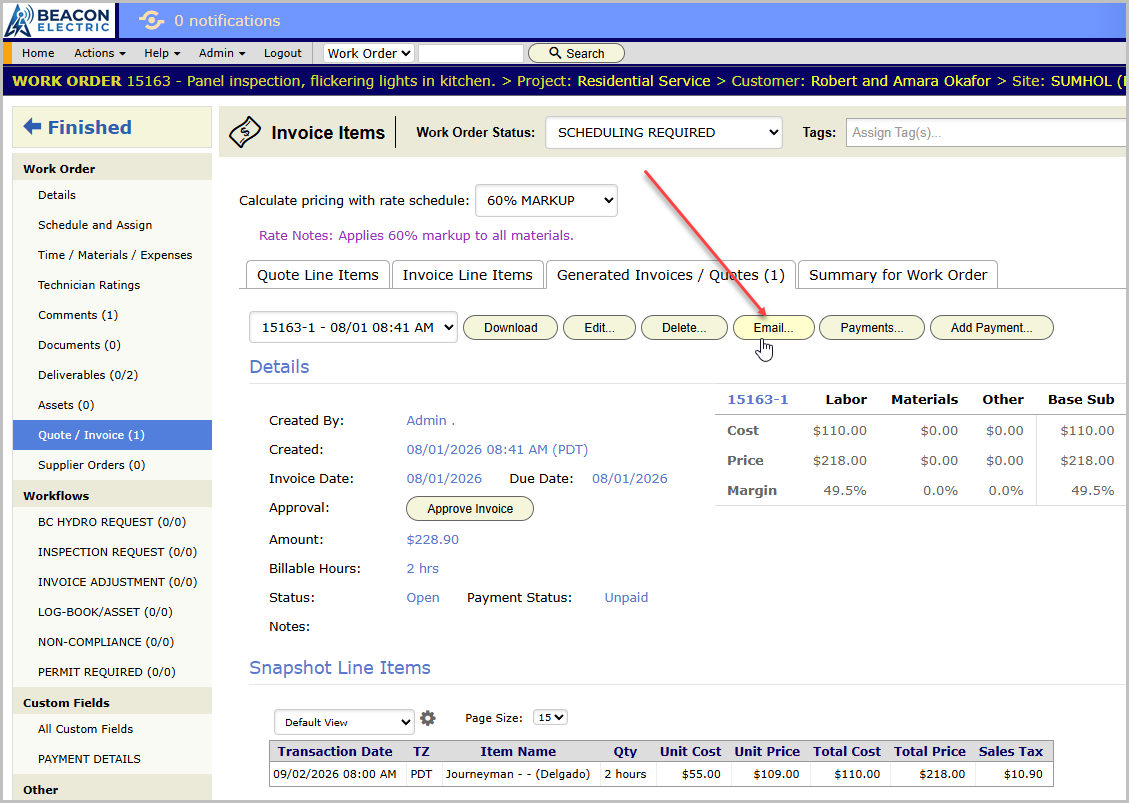 Invoices are emailed once created from the Generated Invoices tab