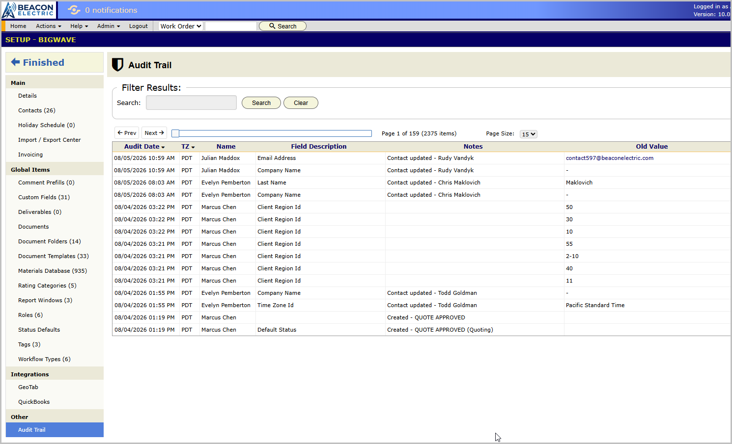 The company Audit Trail panel under Setup