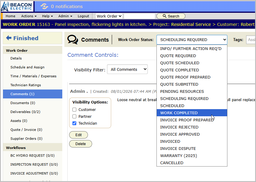 The work order Details panel with the status dropdown open, work-complete status about to be picked