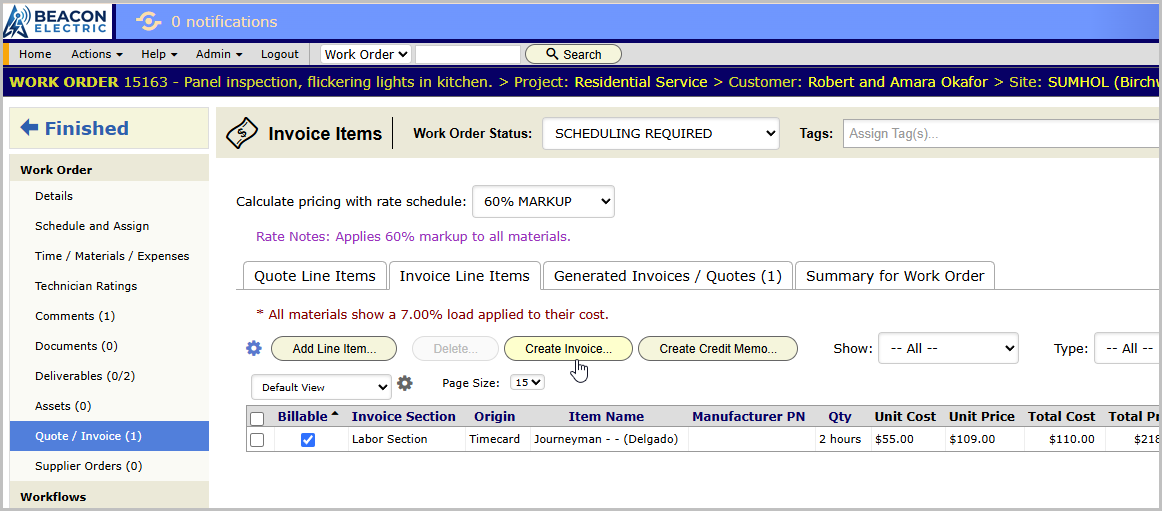 The Invoice panel with one line item entered from the previously created timecard
