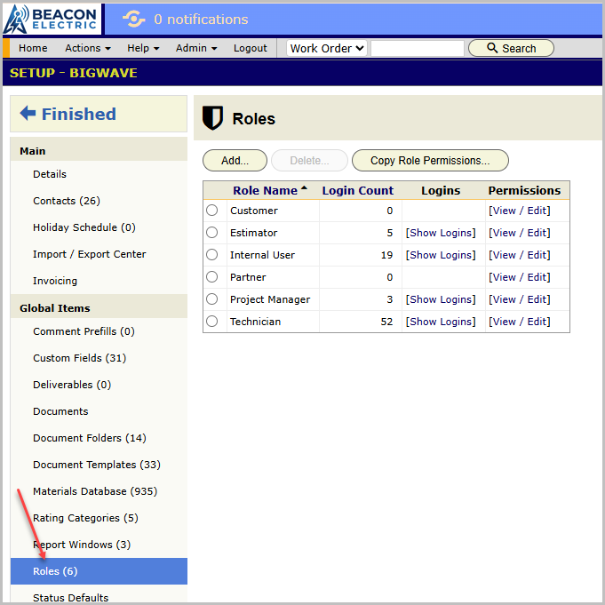 Setup, Roles panel