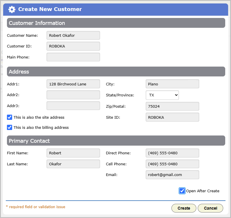 The Add Customer form filled in for the Okafor family