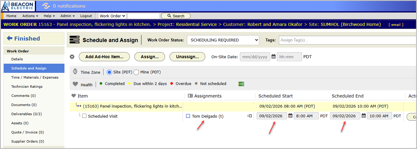 The Schedule and Assign panel with one schedule entry on it and a technician assigned