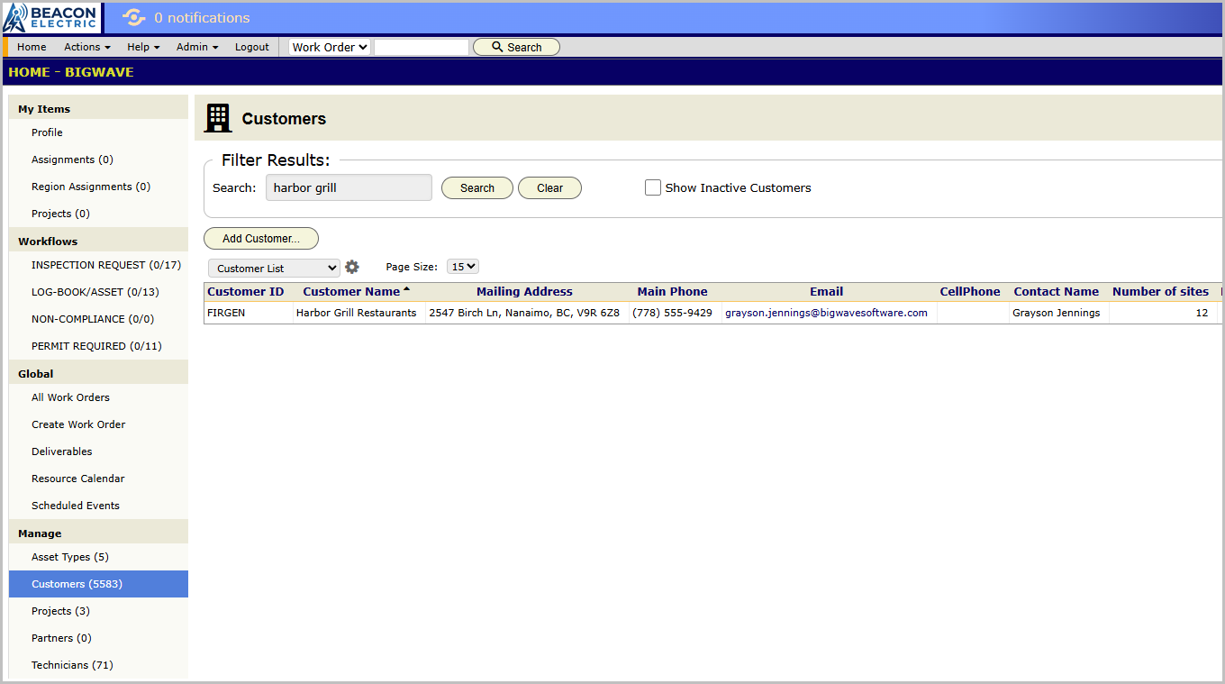 The Customers grid in the Beacon Electric tenant, showing Harbor Grill Restaurants as a business customer alongside the Okafor residential record