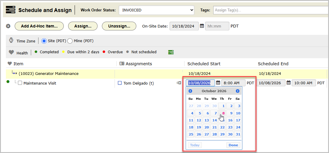 A date control on the schedule and assign panel for a work order