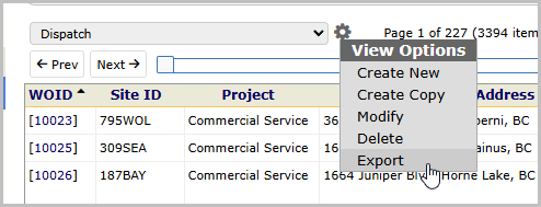 The grid menu open, showing the Export option