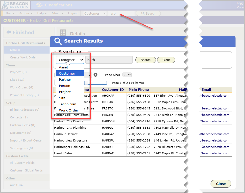 The quick search dialog open, showing the record type choices and a set of matching results