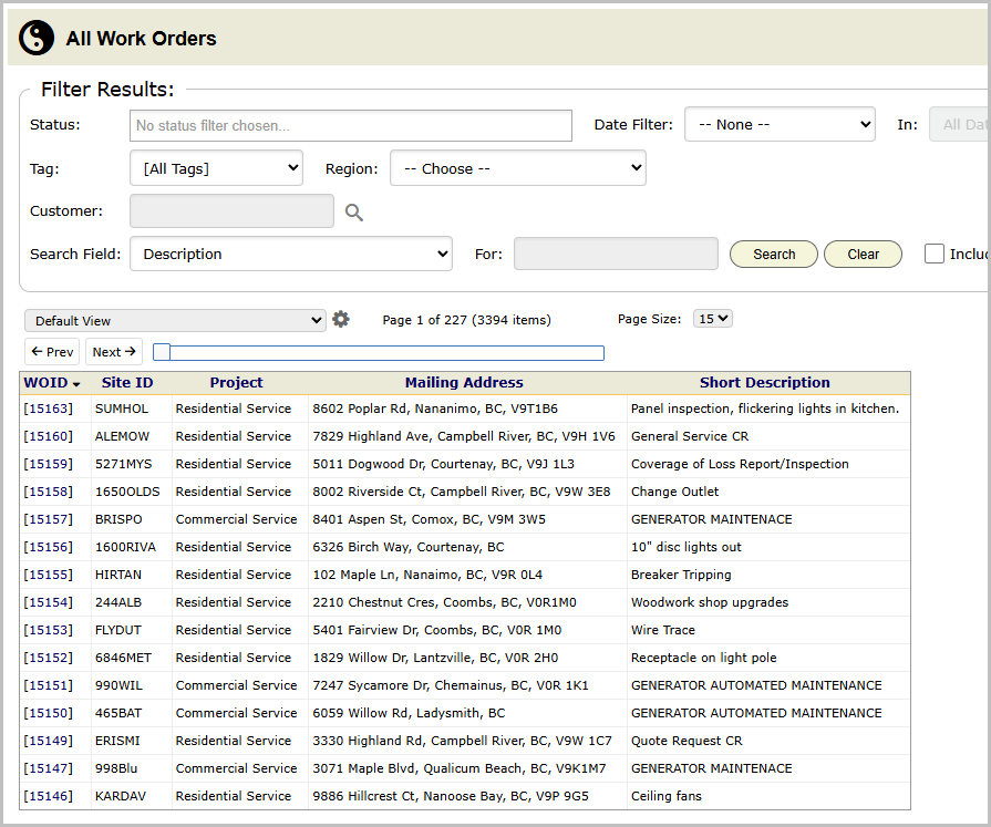 The All Work Orders grid: column headers, linked cells, the view selector above, the pager at the top