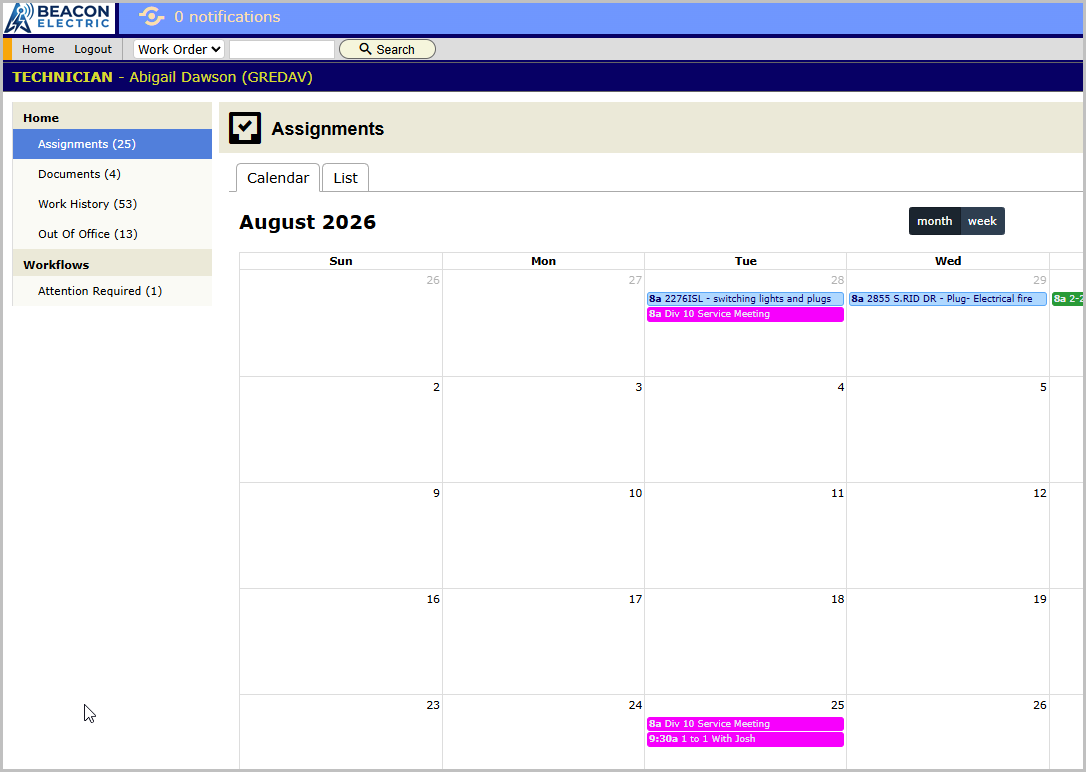 The home page logged in as a technician, Assignments open showing all scheduled jobs on a calendar.