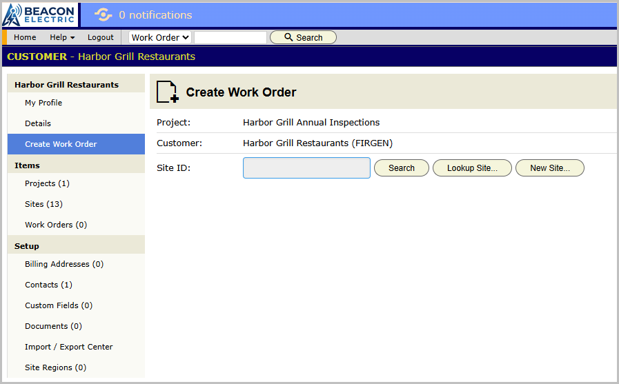 The portal home logged in as the Harbor Grill customer contact