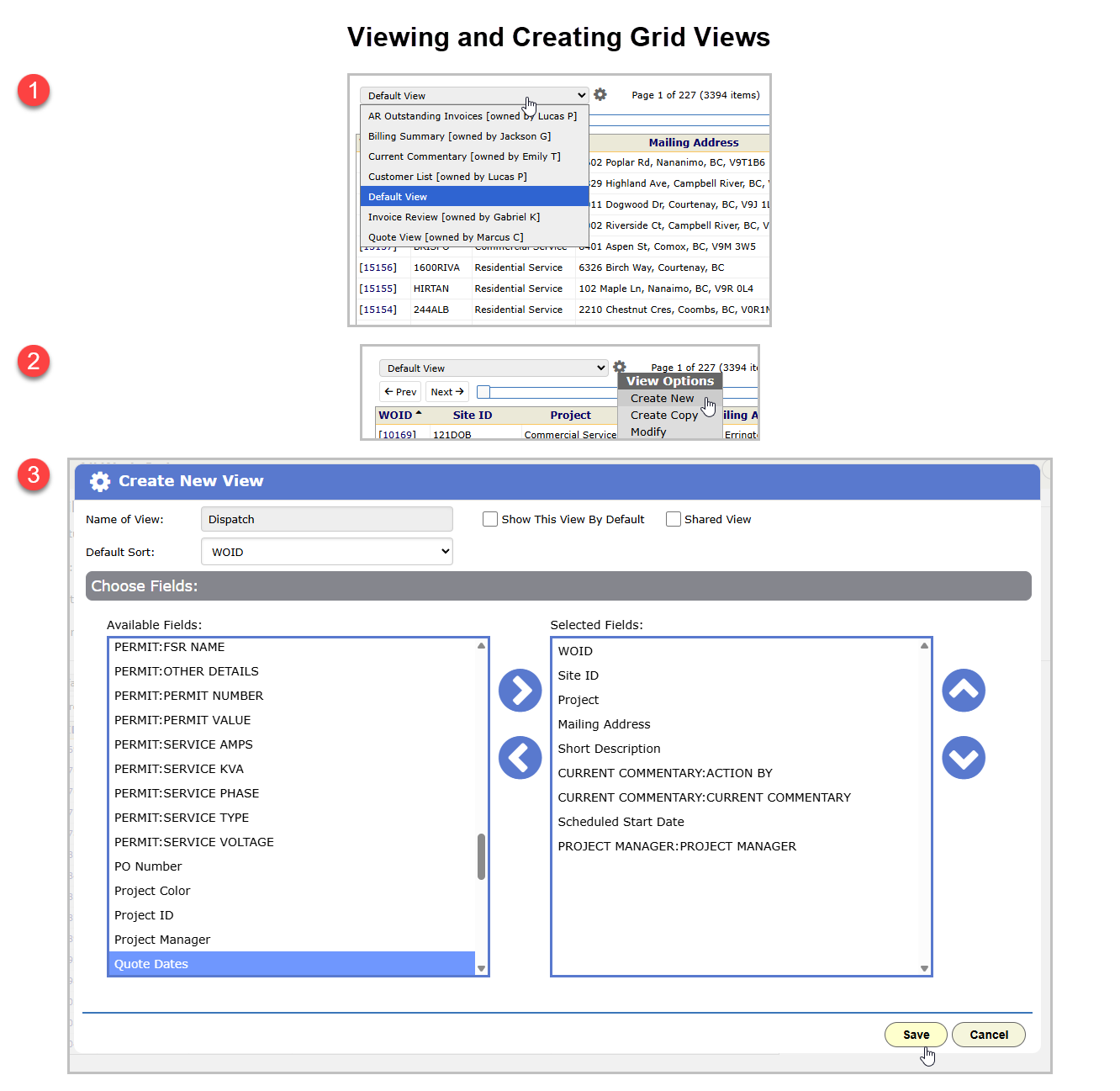 The view editor dialog: name, the field picker with chosen columns, sort field, and the Shared and Initial checkboxes