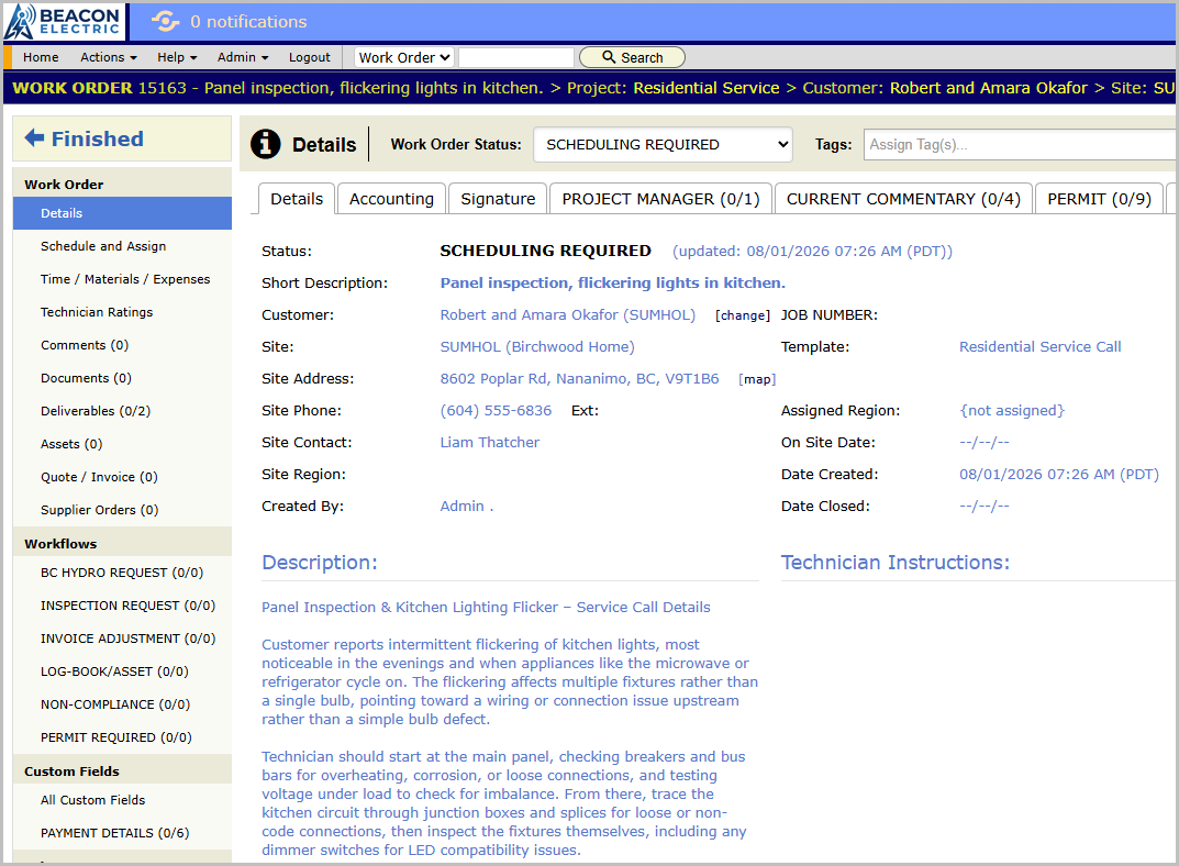 The freshly created Okafor work order, Details panel, showing the description and the initial status
