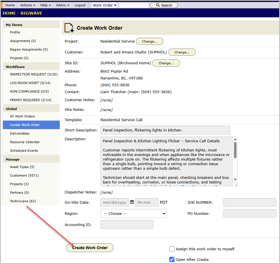 The Create Work Order form filled in for the Okafors, project Residential Service and site Birchwood Home, ready to click the Create Work Order button