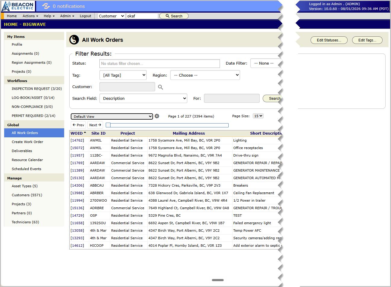 The full home page for an internal user showing the All Work Orders panel